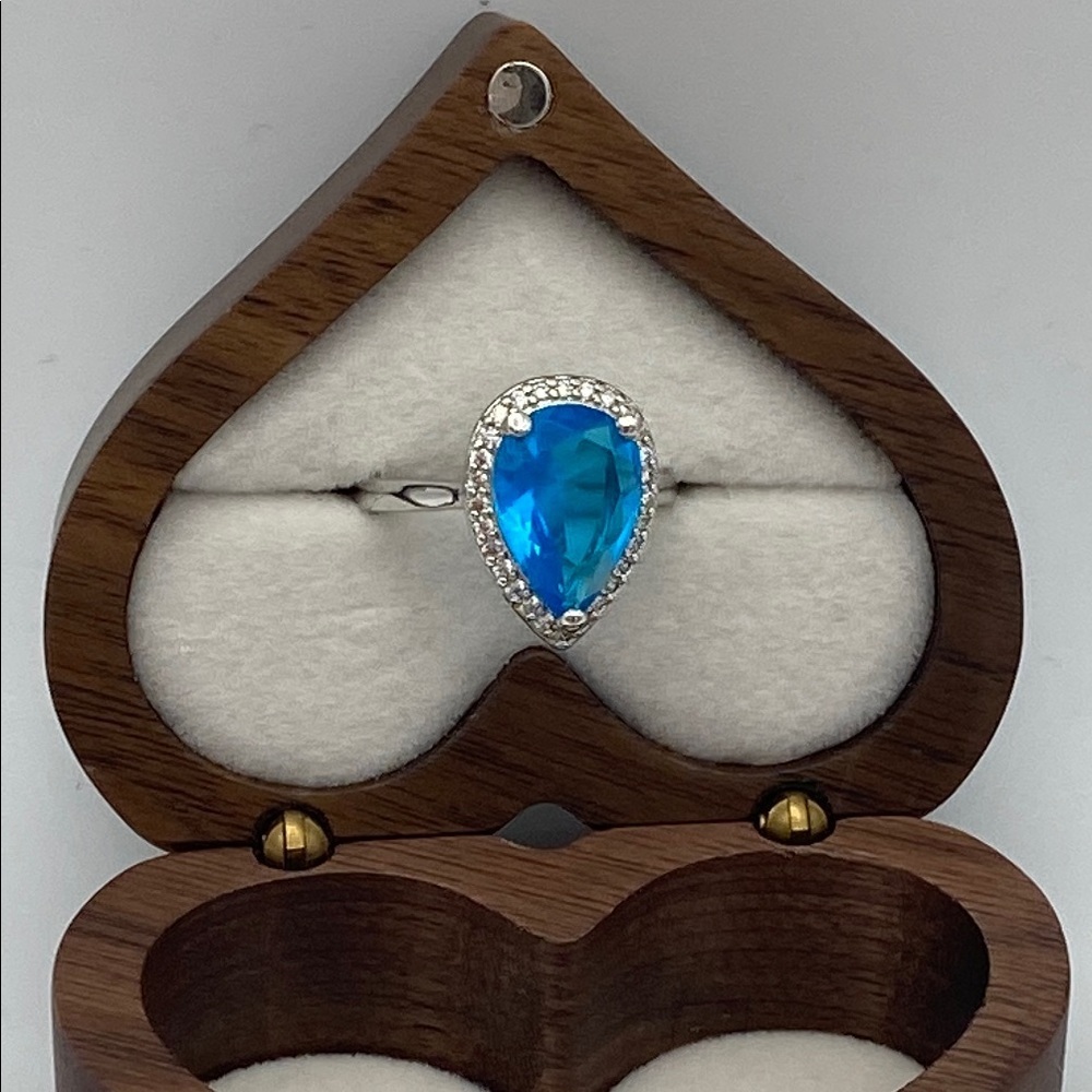 Teardrop Blue Gemstone Cocktail Ring with Crystal Halo • Silver Tone - Picture 5 of 12